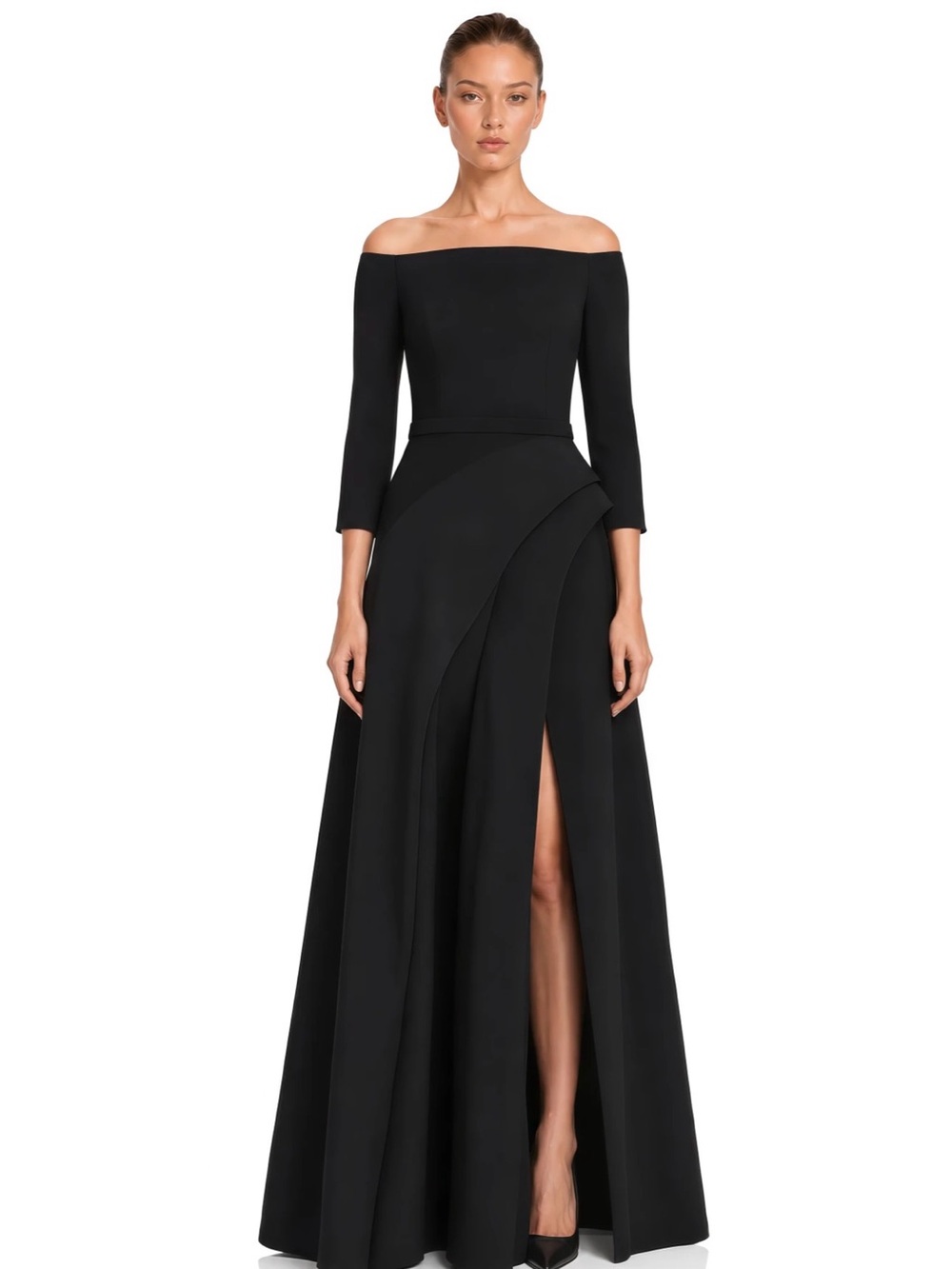 Off-Shoulder Black Maxi Dress with Front Slit